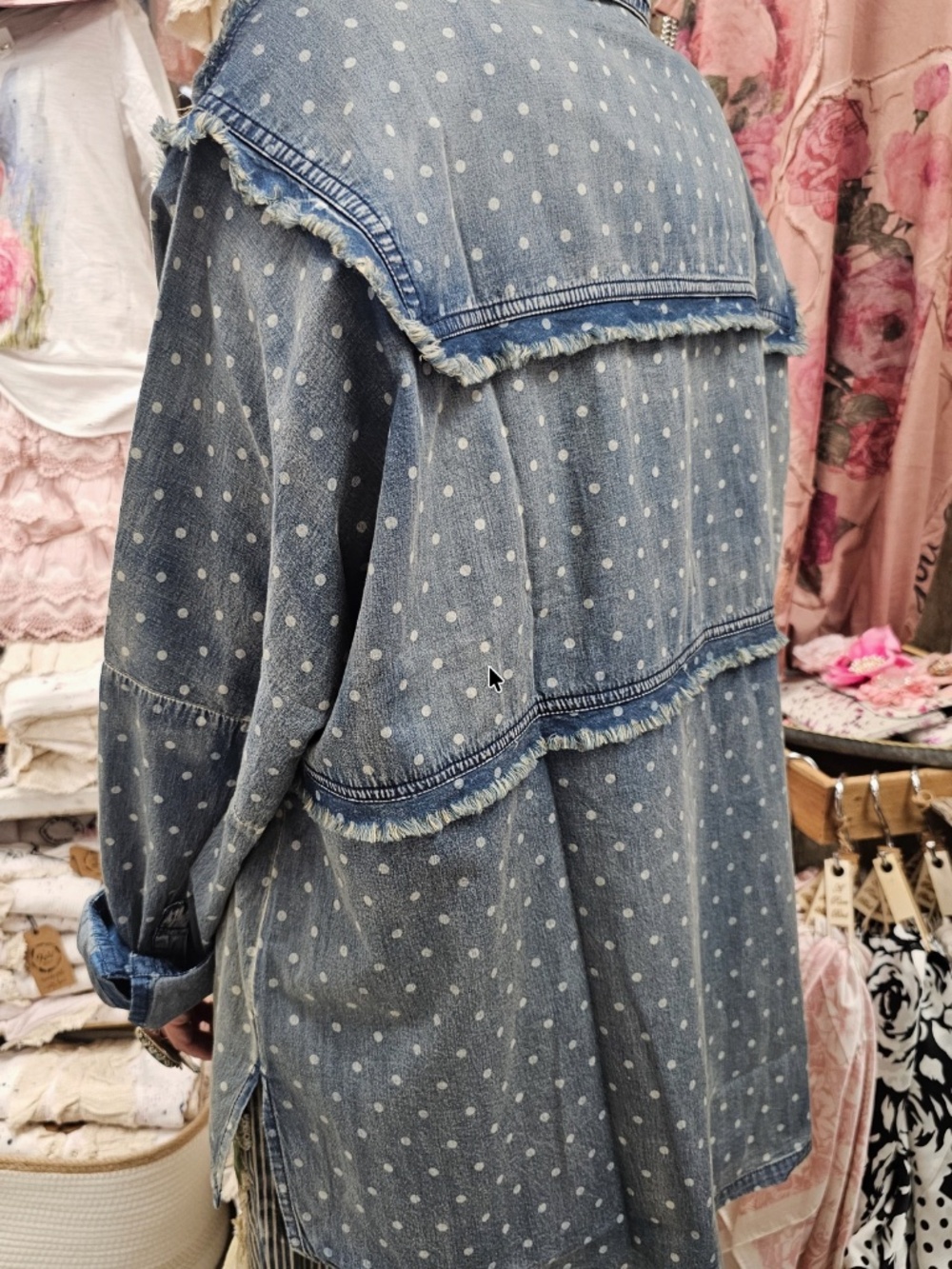 A Rare Bird Light Wash Button Down Polka Dot Frayed Denim Shirt - Picture 2 of 4